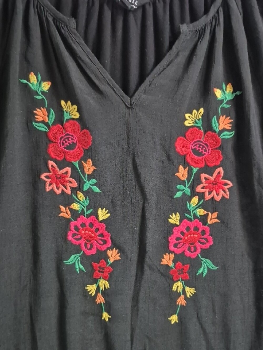 Flower & Feather Black V-Neck Peasant Top with Floral Embroidery - Picture 2 of 4